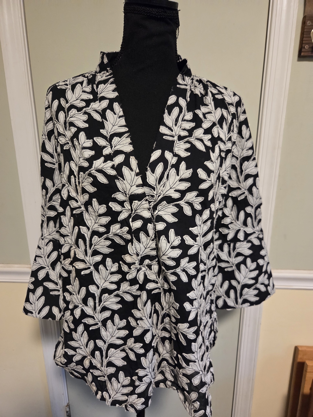 Anthropologie Black and White Leaf-Print Top